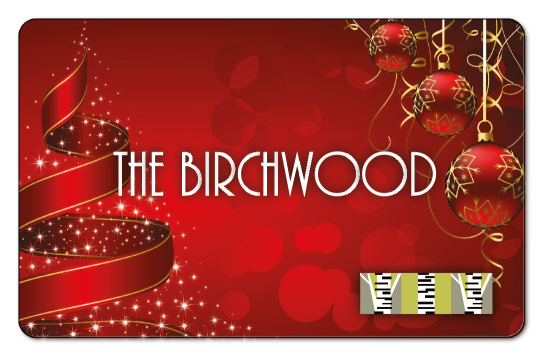 The Birchwood logo over red background featuring red and gold ribbon, and red and gold ornaments